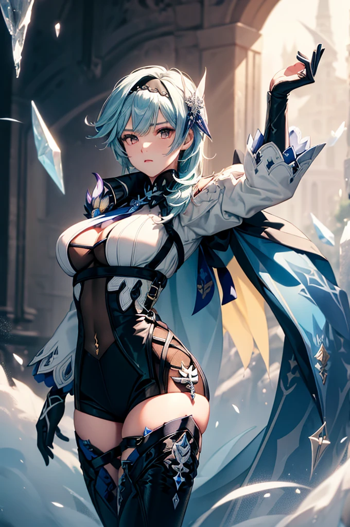 ((euladef)):1.5,((masterpiece,Highest quality,Highly detailed images,Beautiful images))1.4(Image of Eula leaning back with her arms raised、Huge crystal in the background、Overall dim lighting、Backlight、A fantastic atmosphere、Thick Fog、Dust flutters)1.3,(Close-up image of eula)1.1、(Her back is arched, Accentuate your breasts.、Turn your body to the viewer):1.2（Beautiful cleavage、Exposing cleavage）
