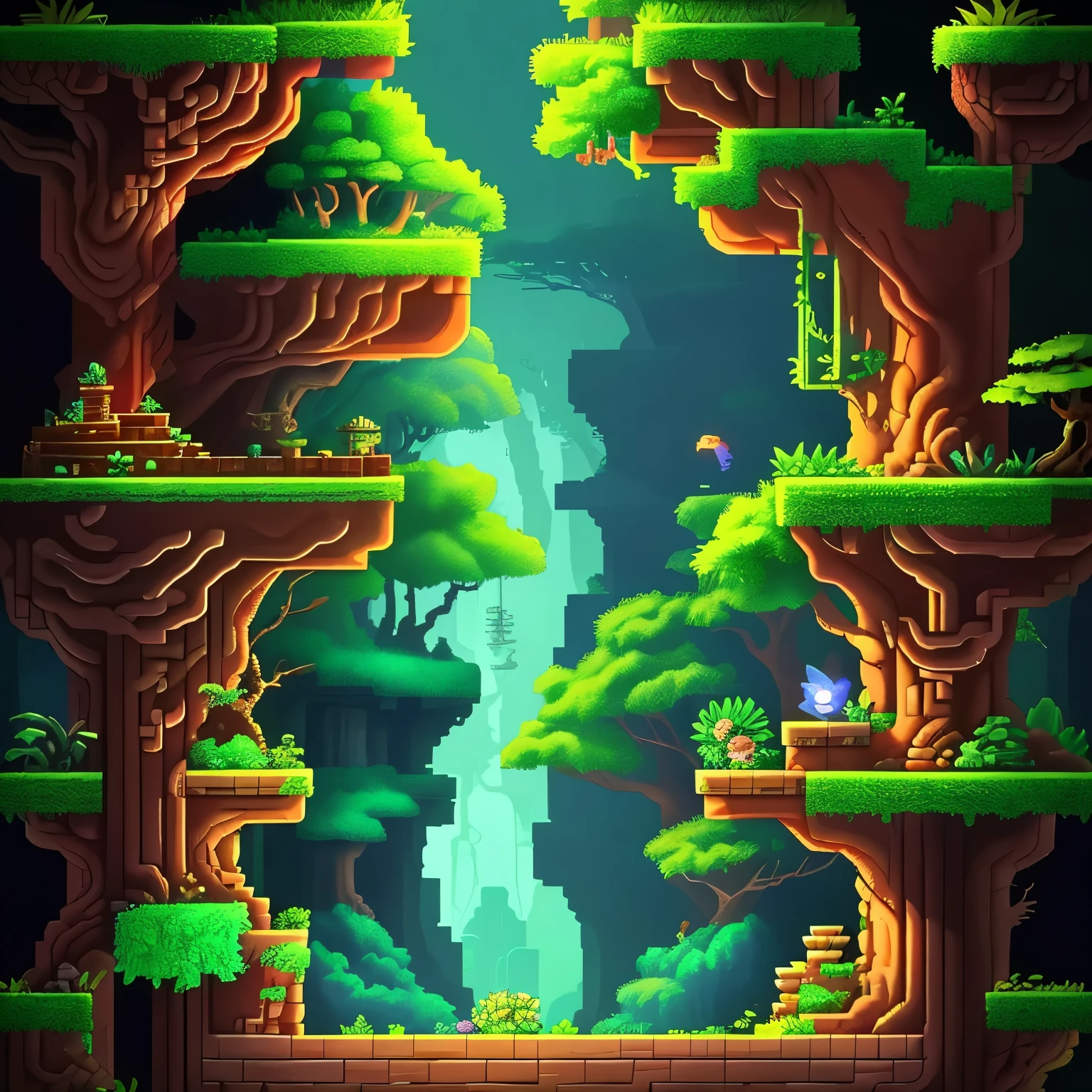 Jungle platform game, trees, Blocks, rocks, Chests, Celeste, Side scroller