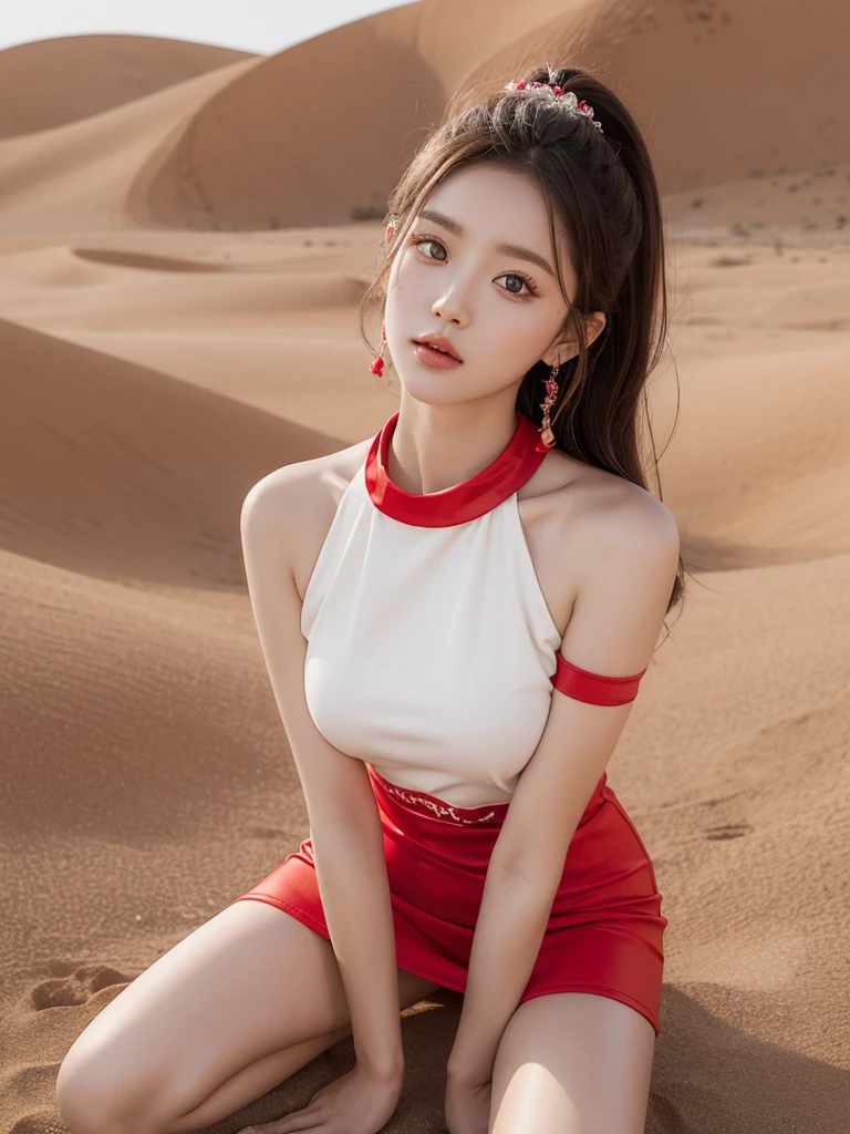 Beautiful woman wearing a red cream mini dress with decorations on the shirt and visible shoulders and wearing boots and being photographed with a background And he was in the middle of the desert holding , Korean style swag, beautiful face so gorgeous, Beautiful eyes, y2k style
