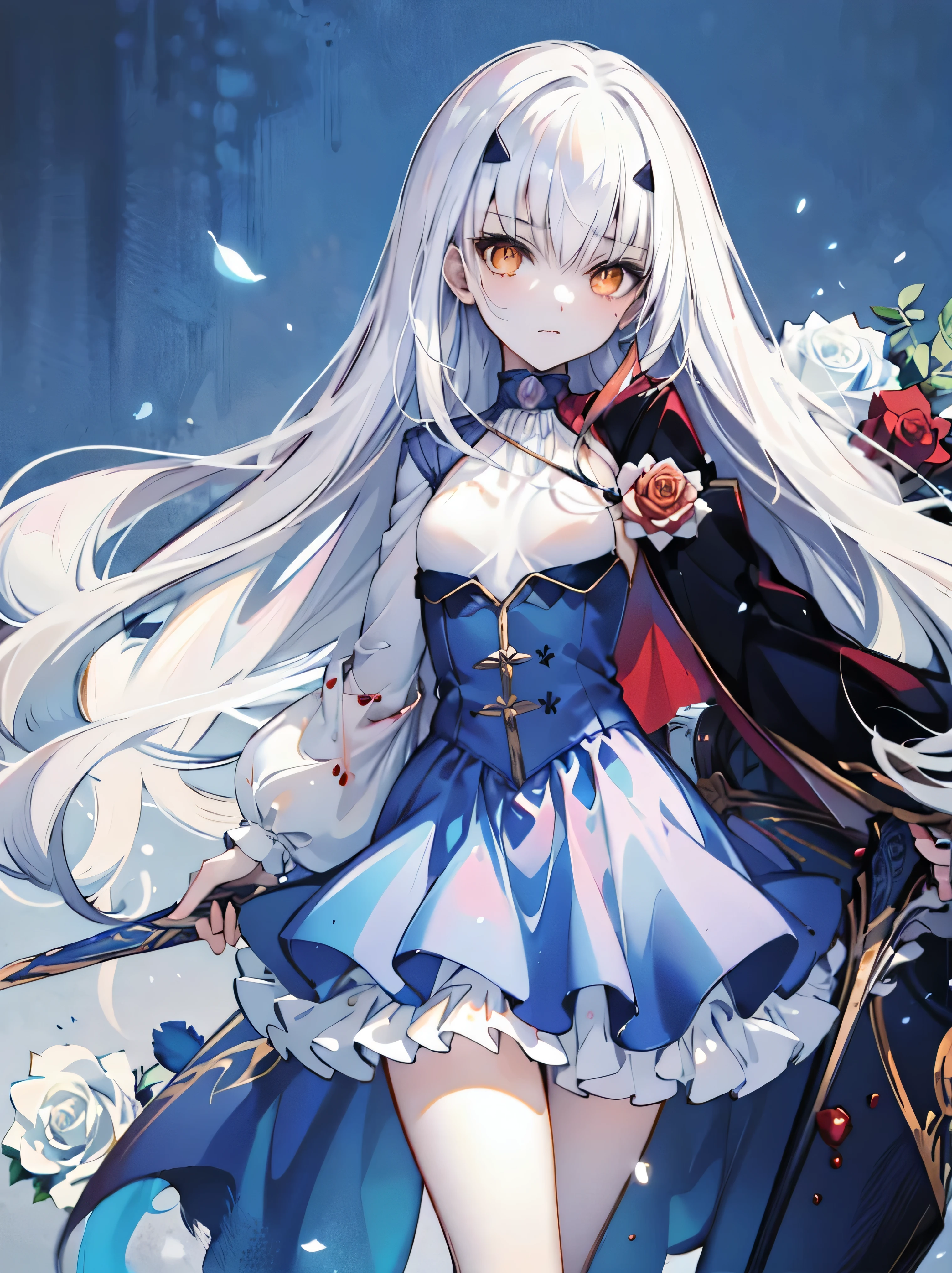 Uhd, absurdres, best_quality, masterpiece, best quality,1girl, solo, fairy knight lancelot (fate), (long white hair), straight hair, sidelocks, forked eyebrows, small breasts, looking at viewer, dress, cape, (((blue dress))), bangs, long sleeves, (blood-orange  eyes), white rose, rose garden, medieval city in baclground, 