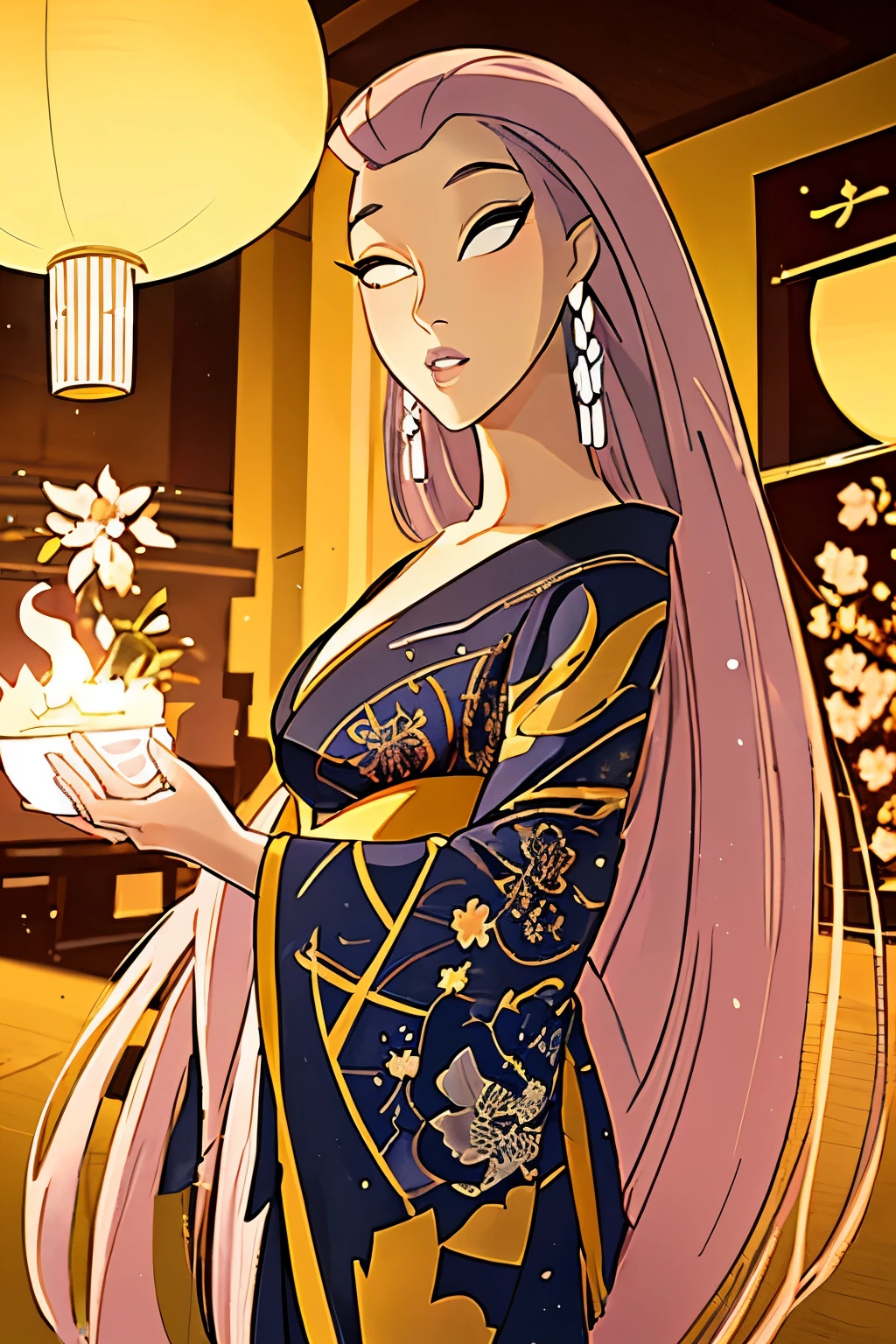 Girl, long flowing hair, white eyes, standing in a Japanese temple, (beautiful detailed eyes, beautiful detailed lips, extremely detailed eyes and face, long eyelashes), oil painting, intricate kimono with floral patterns, arched wooden doorway behind her, paper lanterns lighting her faintly, soft pink and orange glow, traditional Japanese architecture, faded sepia tones