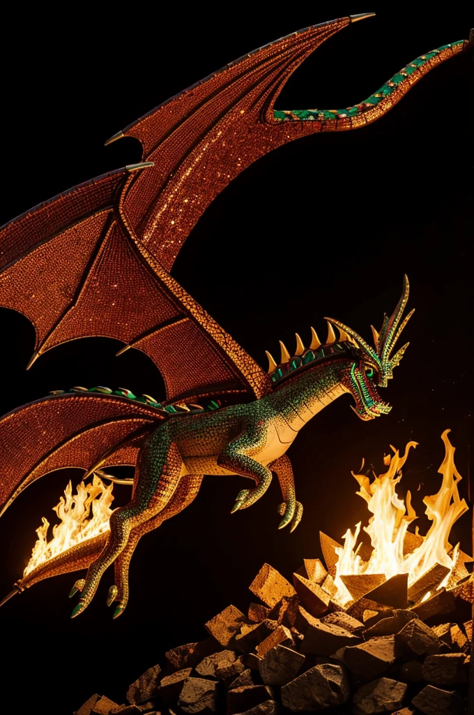 A sign that says Mexican crafts and is an alebrije dragon made of sequins with a dark background and you can see how it is flying and shooting fire from its mouth and the fire is pieces of red glass
