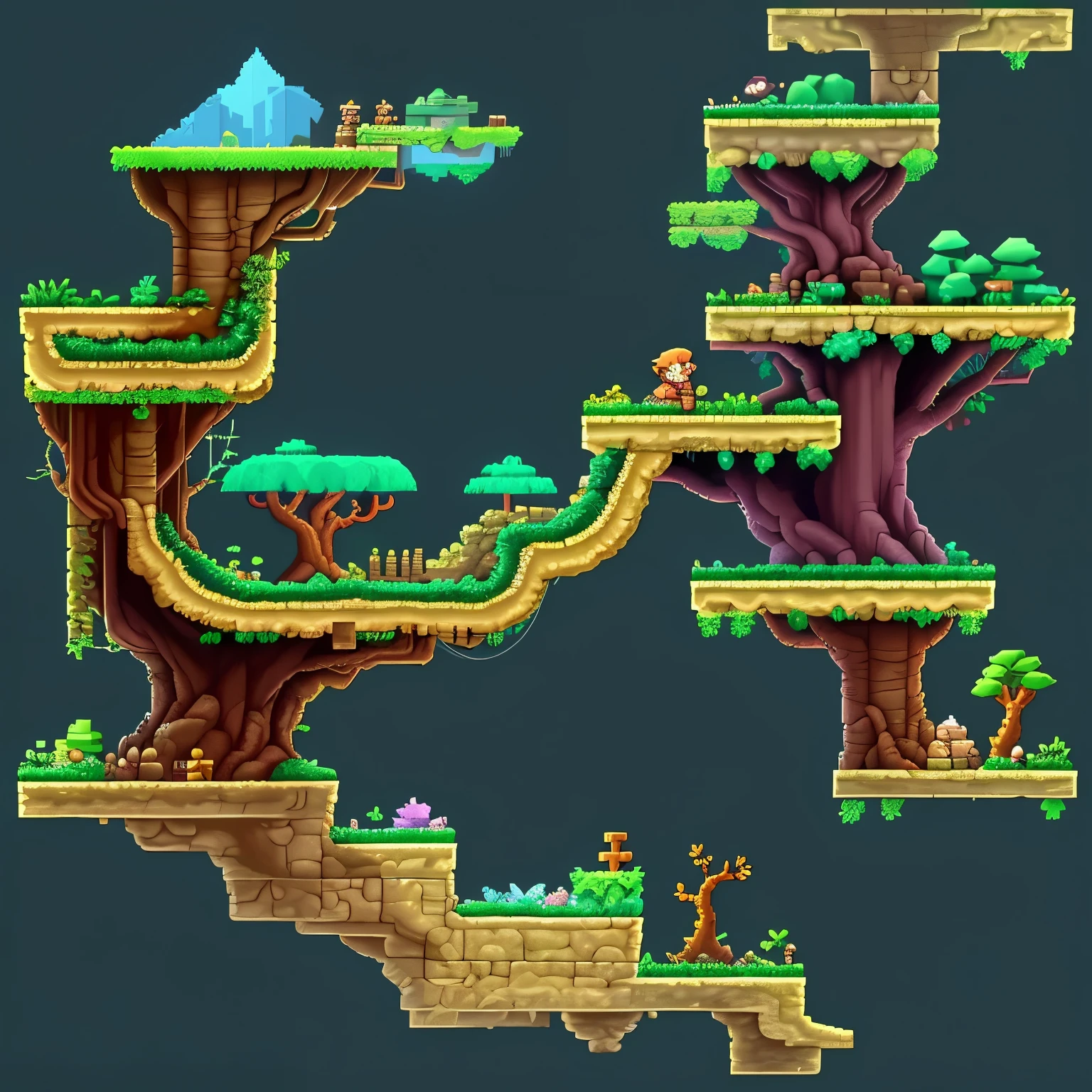 Jungle platform game, trees, Blocks, rocks, Chests, Celeste, Side scroller