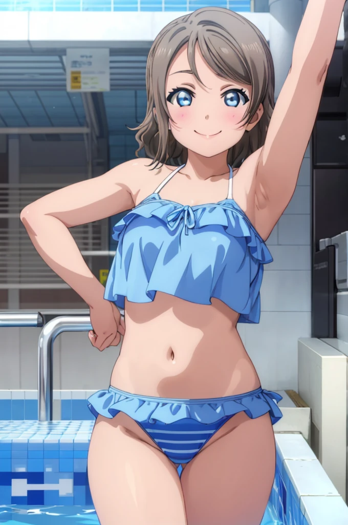 (((pixel-perfect, detail-perfect))), solo, 1girl, you watanabe, eyes azzur, smile, bikini, pool, armpit, big filesize, ultra High Qality