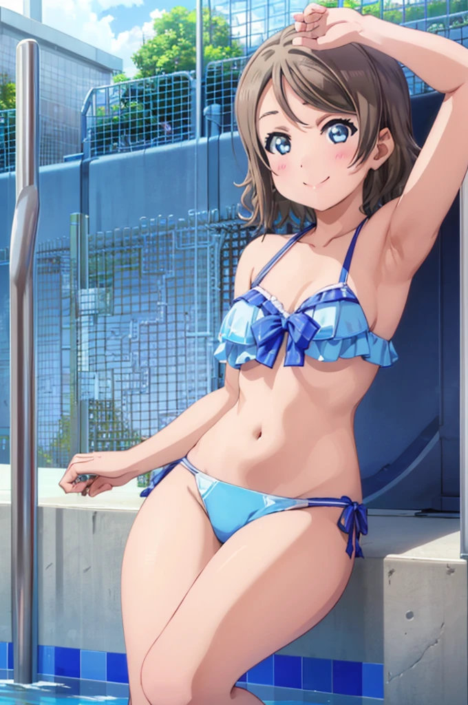 (((pixel-perfect, detail-perfect))), solo, 1girl, you watanabe, eyes azzur, smile, bikini, pool, armpit, big filesize, ultra High Qality