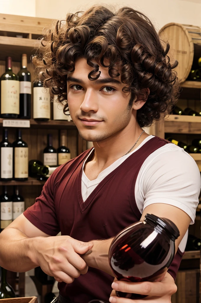 Curly hair Boy making wine anime character