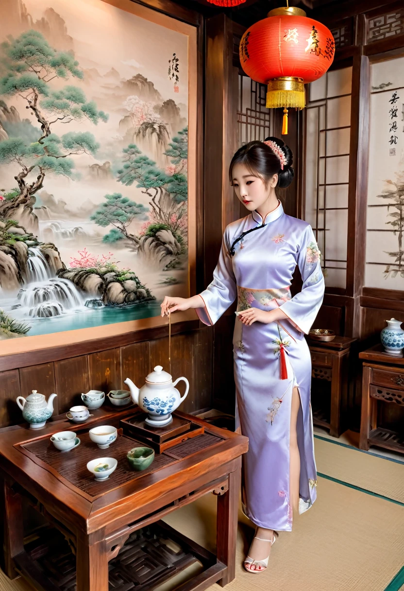 photography, with a girl wearing a qipao performing a tea ceremony in a teahouse or tea art event, focused and elegant. The background is a quiet teahouse, (masterpiece, best quality, Professional, perfect composition, very aesthetic, absurdres, ultra-detailed, intricate details:1.3)