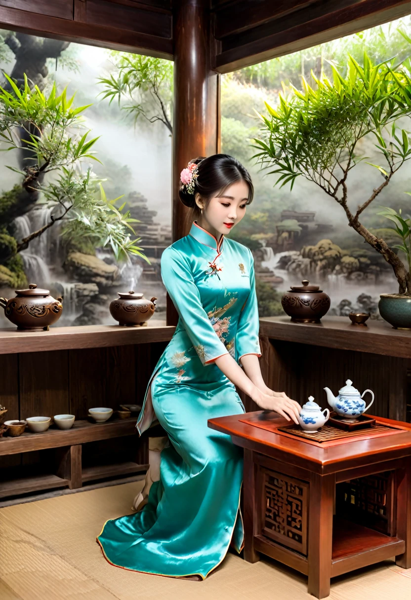 photography, with a girl wearing a qipao performing a tea ceremony in a teahouse or tea art event, focused and elegant. The background is a quiet teahouse, (masterpiece, best quality, Professional, perfect composition, very aesthetic, absurdres, ultra-detailed, intricate details:1.3)
