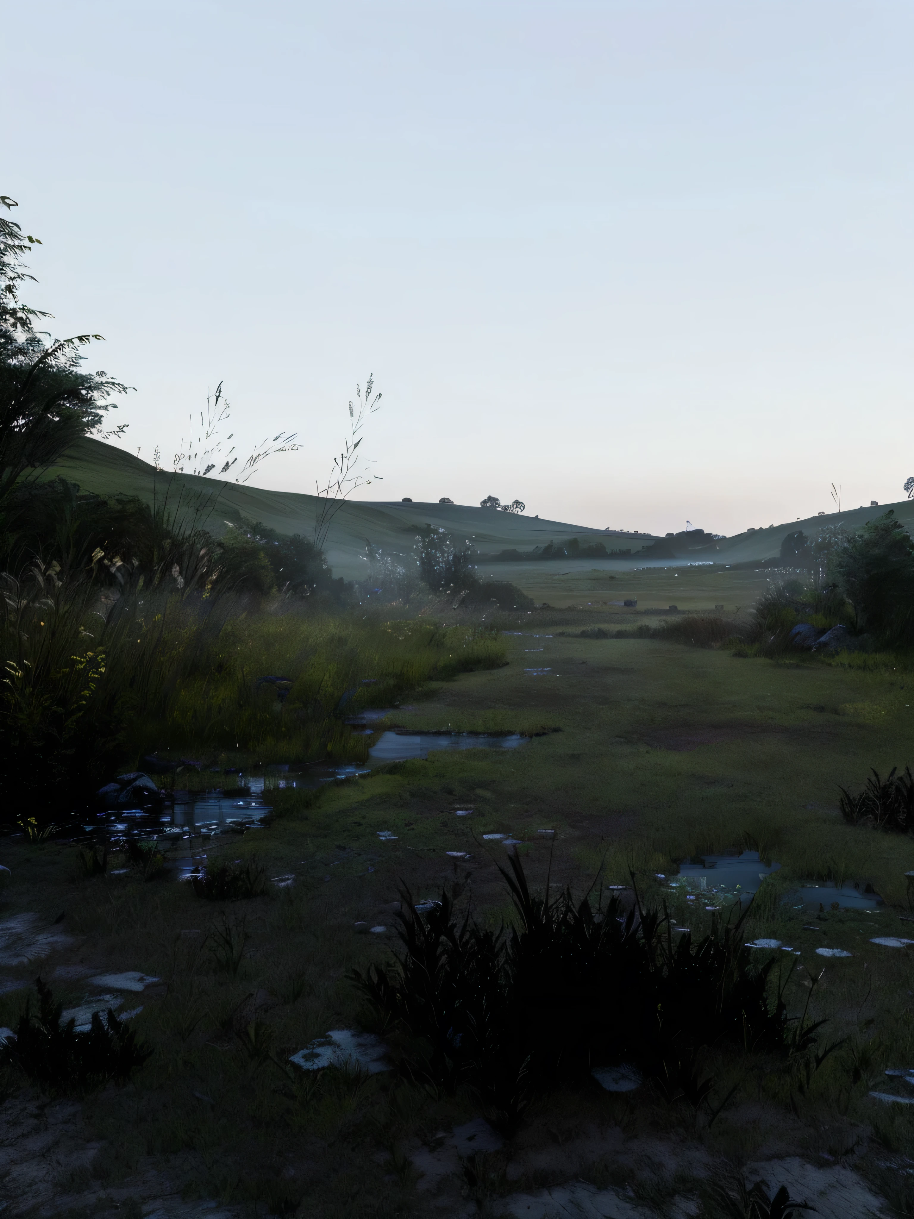 there is a field with a small pond in the middle, rendering in cryengine, in the game engine, ultra detailed environment, Grassy hill, And Dayz, very detailed environment, hyperrealistic environment, with crying engine, meadow in the background, hyper-detailed surroundings, Game Engine Lighting, very detailed terrain, rendered in unreal 3 d, photorealistic screenshot