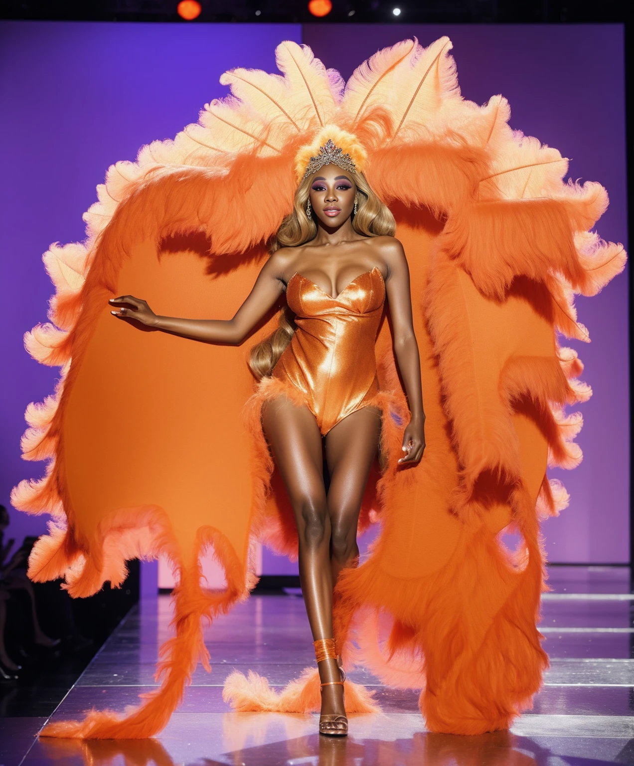 drag queen wearing a orange purple nuance night outfit with ostrich feathers tiara and disproportional wig giant blond wig full body shot fascinator shiny jewelry makeup white backdrop lighting unusual design
