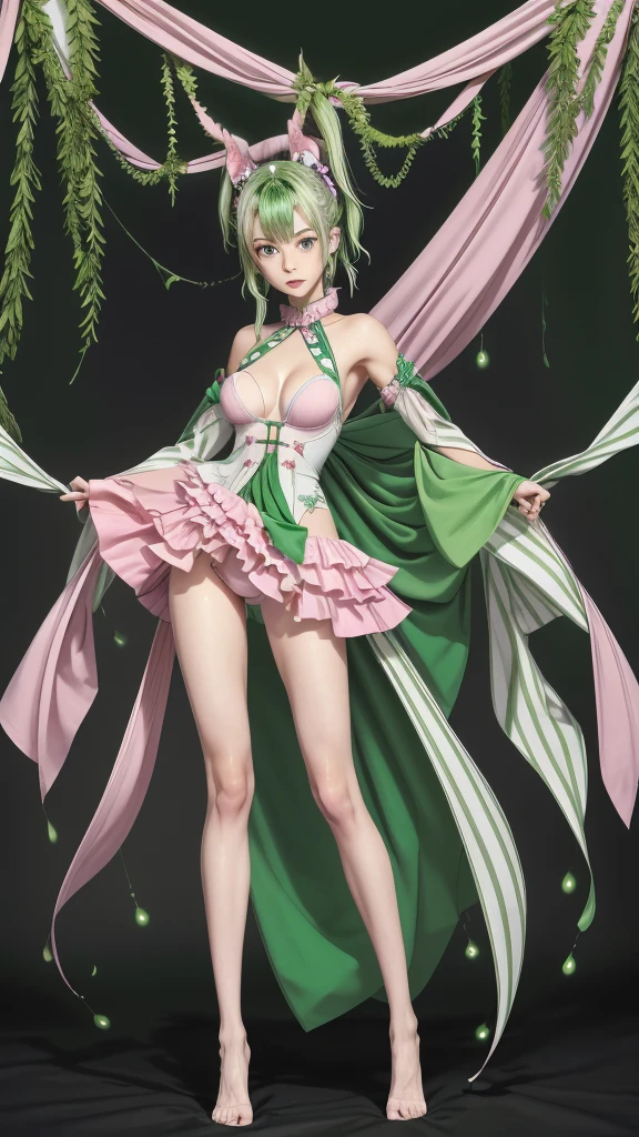create a full-body female Genshin Impact character, with medium hair down to the waist in pink, skin fair, green eyes mixed with purple, Her clothes on top are a dark green bodysuit and a green and white semi-decorated dress on top and the quality is very good.