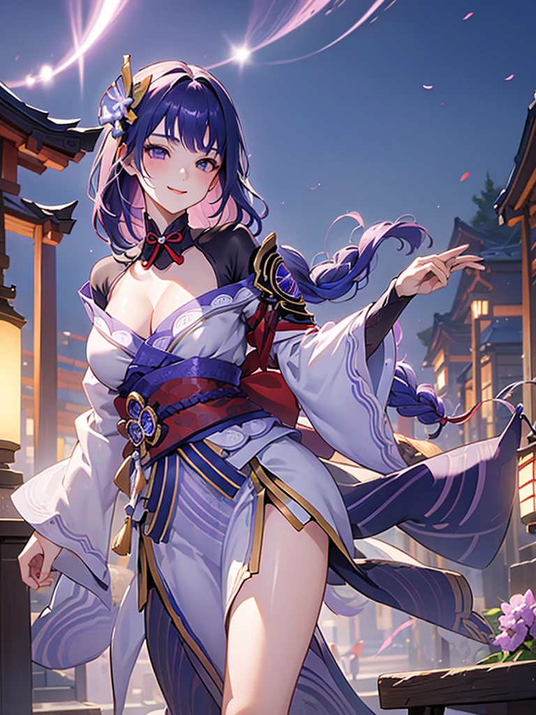 ((Image from the waist up:1.4))Japanese Shrines, (Highest quality,Realistic,masterpiece:1.2,8k wallpaper:1.2),((Pale skin)),One Girl,women only,((raidenshogndef))((Genshin Impact,General Raiden)),Lightning Particles,Purple Lightning,Light background,cherry blossoms,Purple Theme,Delicate facial features,Sexy and beautiful anime girls,General Raiden,Long purple hair,Rosy lips,Anime Mouth,large breasts, Beautiful cleavage,Slender figure、Thin legs、smile