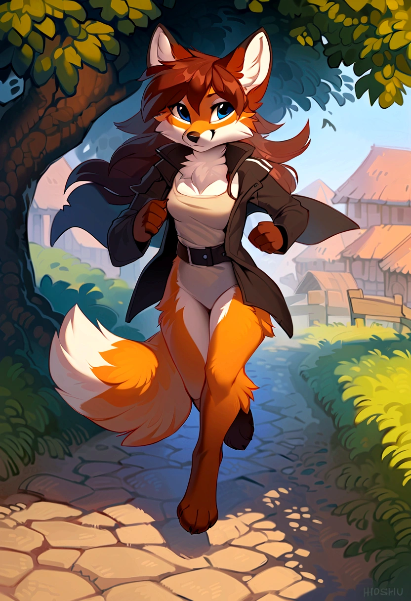 a cute furry fox girl by hioshiru, running, open jacket, small breasts, village, tree, day