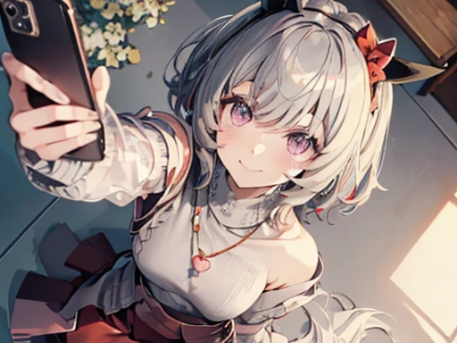 Prompt: Graffiti, beautiful illustration, best quality, cute petit girl, (transform sequence), from below, upper body, (evil smile:1.5), hair over bath eyes,1girl, (solo:1.5), curren chan,(everyday wear , red skirt, sweater, gray hair, black fake animal ears :1.3), cowboy shot, prism background, on the couch, standing, look viewer, golden ratio, holographic, heart, (loating hair1.5), (from  above:1.5), Best Quality, 1 beautiful Japanese woman, standing in front of a full-length  (selfie:1.5), making a playful pose with one foot raised and a cheeky grin, at a luxury europe hotel,  (face close up:2.0, 