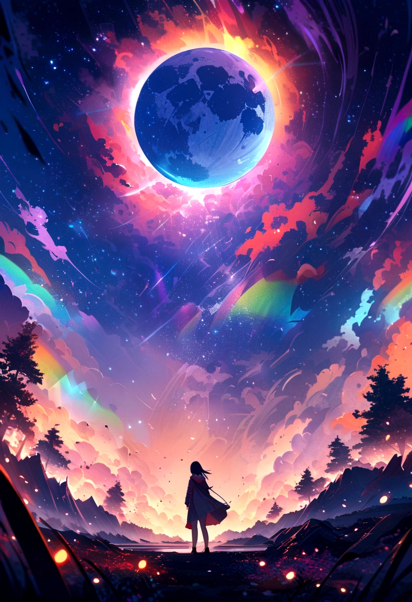 vast landscape photography, (seen from below, the sky is above、the fields are below), A girl standing in a flower field and looking up, (full moon: 1.2), (meteor: 0.9), (nebula: 1.3), distant mountain々 , tree BREAK craft art, (warm light: 1.2), (fire Fly: 1.2), light, lots of purple and orange, intricate details, volume lighting, Realism BREAK (masterpiece: 1.2), (highest quality), 4k, super detailed, (dynamic composition: 1.4), very detailed, colorful details, (Rainbow-colored: 1.2), (glow lighting, atmosphere lighting), dream-like, Magic, (alone: 1.2)