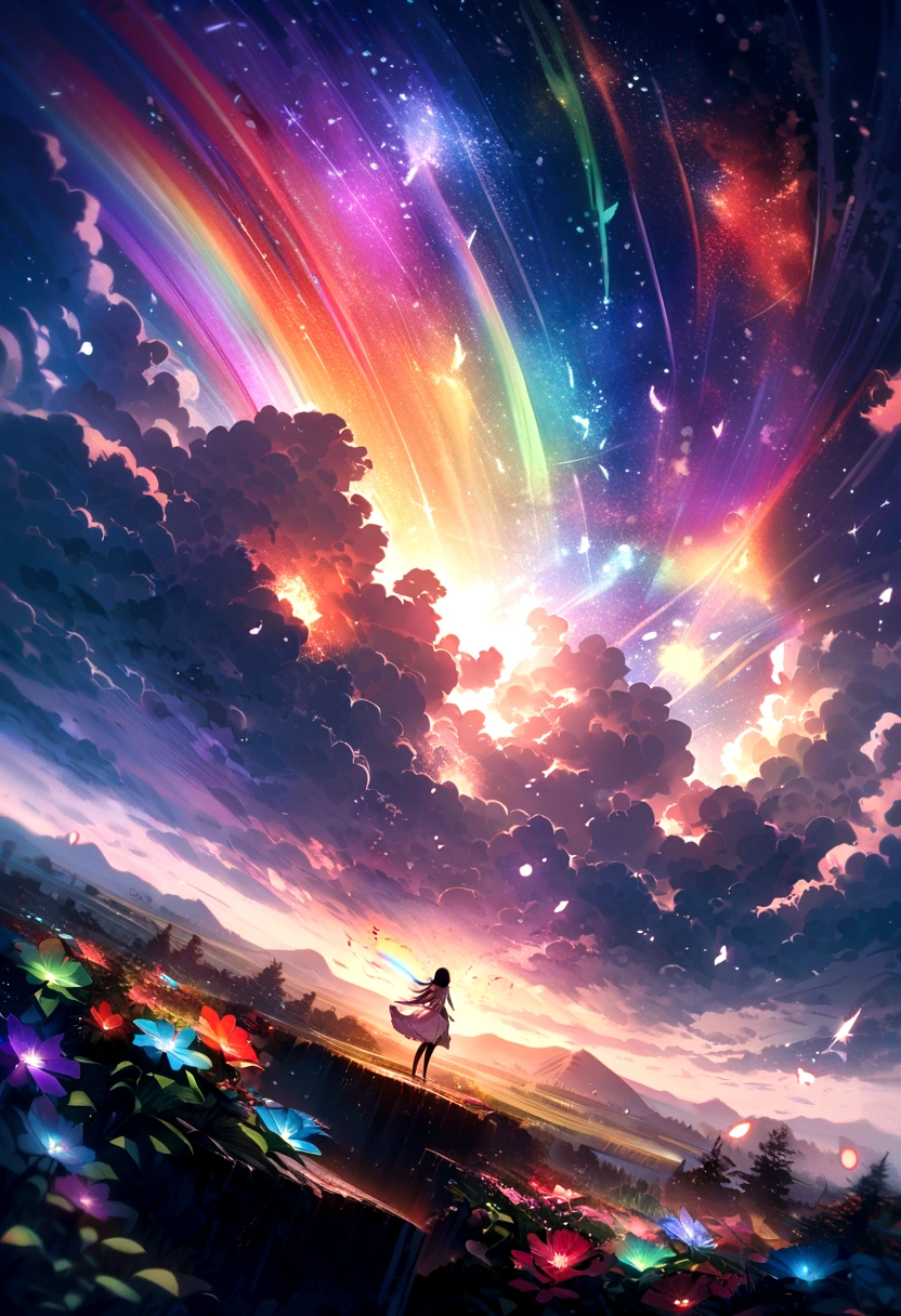 vast landscape photography, (seen from below, the sky is above、the fields are below), A girl standing in a flower field and looking up, (full moon: 1.2), (meteor: 0.9), (nebula: 1.3), distant mountain々 , tree BREAK craft art, (warm light: 1.2), (fire Fly: 1.2), light, lots of purple and orange, intricate details, volume lighting, Realism BREAK (masterpiece: 1.2), (highest quality), 4k, super detailed, (dynamic composition: 1.4), very detailed, colorful details, (Rainbow-colored: 1.2), (glow lighting, atmosphere lighting), dream-like, Magic, (alone: 1.2)