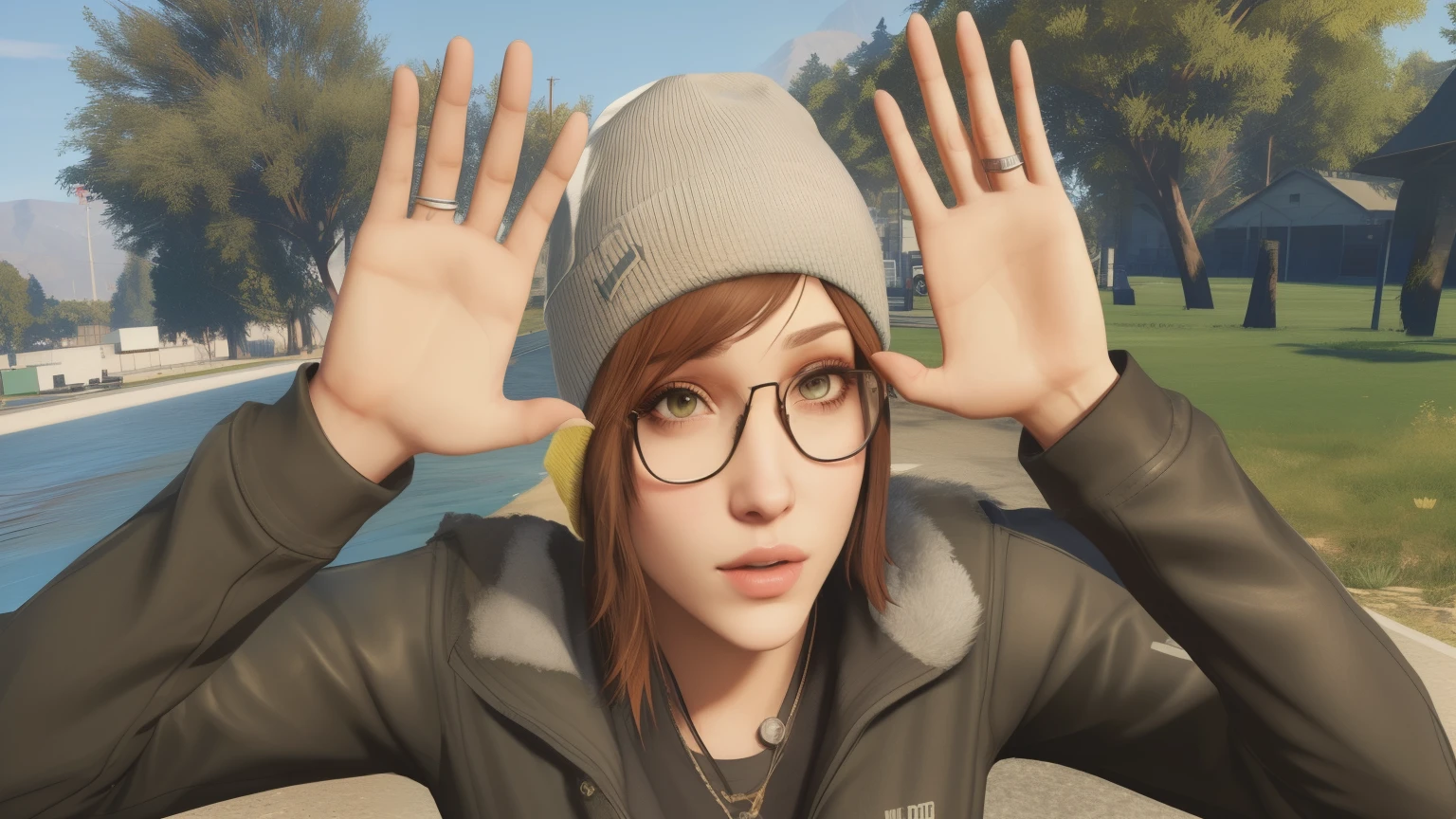 There is a woman wearing glasses and a hat as she poses for a photo, Retrato de Max Caulfield, as a character from gtav, gta character v, with black hat on his head, gta character, wearing a beanie, heavy gesture style closeup, GTA5 style, chloe price from life is strange, chloe price, wearing beanie, Extremely photorealistic 4k