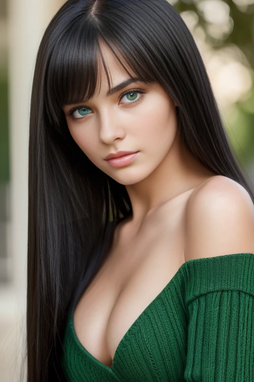 (best quality,4k,highres,ultra-detailed,realistic:1.2),portrait,beautiful 16-year-old girl with fair skin, stunning green eyes, extremely long and sleek black hair with a dense fringe. Her face is sweet, charming, and innocent. She has full and sensual lips, big , full pose, front open woolen top, bid butt.
