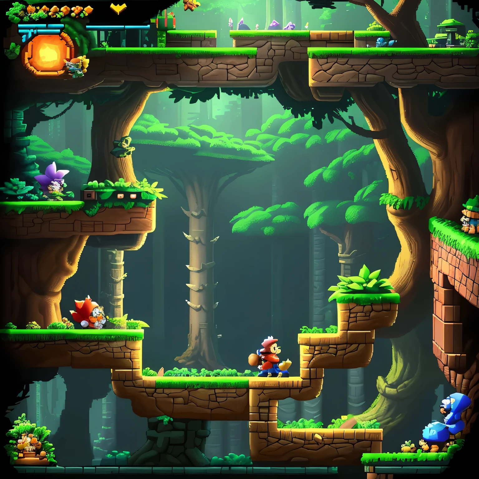 Jungle platform game, trees, Blocks, rocks, Chests, skin, Mario, Celeste, sound, Megaman, Side scroller,