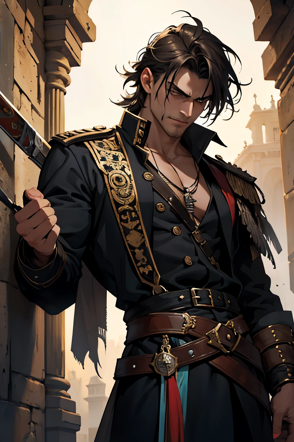 A Portuguese pirate captain, with disheveled hair and close-up eyes, displays an imposing posture. He has a sword at his waist and an ancient musket rests on his back.. An intelligent crow is perched on your shoulder, carefully observing the surroundings. Dramatic lighting highlights the intricate details of your outfit and the textures of your skin, creating a dark and adventurous mood. The image evokes a feeling of photographic realism, with a level of detail that suggests a masterpiece