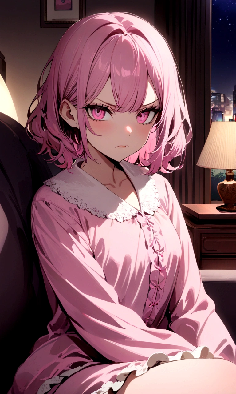 1 girl,(dim lighting),[detailed background (living room, night time),(pink hair),(Fluffy short pink hair, slim girl), (pink eyes), (Girl wears pink pajamas), sitting on the sofa, annoyed and angry face, looking at viewer