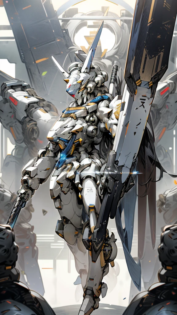 Surrealism, ray tracing, UHD, high details, 8k, best quality, textured skin, Gundam mech, mech ship, masterpiece, best quality, mecha, unmanned, (full body), (white mech: 1.8), (axisymmetry: 1.4), (HDR), (movie light: 1.1), white eyes, cool, science fiction, fire, laser cannon beam, war, conflict, Space looking down on the background of the earth with weapons in hand, (holding huge weapons: 1.5), holding oversized shields, mecha men,gold