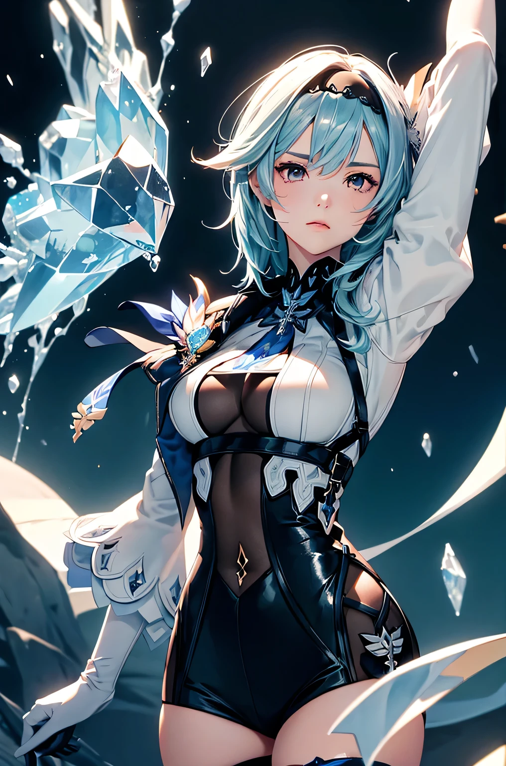 ((euladef)):1.5,((masterpiece,Highest quality,Highly detailed images,Beautiful images))1.4(Image of Eula leaning back with her arms raised、Huge crystal in the background、Overall dim lighting、Backlight、A fantastic atmosphere、Thick Fog、Dust flutters)1.3,(Close-up image of eula)1.1、(Her back is arched, Accentuate your breasts.、Turn your body to the viewer):1.2(Beautiful cleavage、Exposing cleavage)