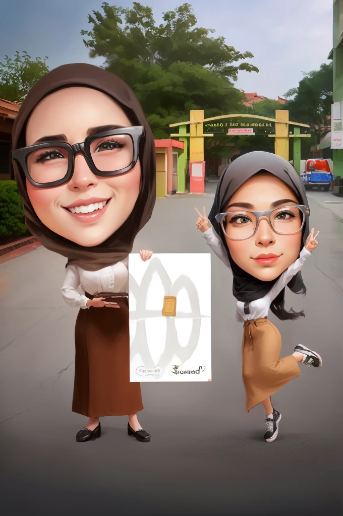 cartoon of a woman and a girl holding a big card, Wearing hijab, full protrait, potrait, caricature illustration, inspired by JoWOnder, wide portrait, protrait, digital art cartoon, realism artstyle, caricature, caricature style, caricature!!!, cartoon artstyle, by Abidin Dino, chibi, realism art, scandy and arender