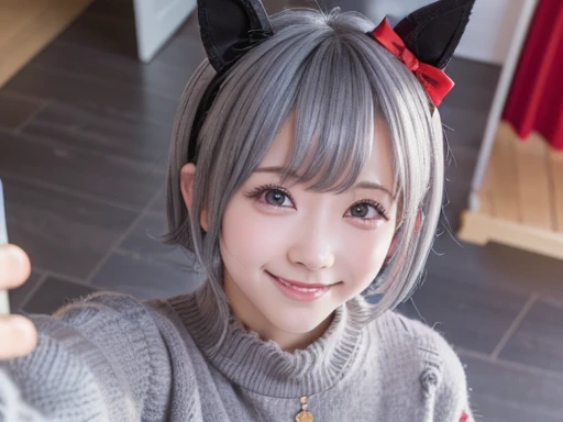 Prompt: Graffiti, beautiful illustration, best quality, cute petit girl, (transform sequence), from below, upper body, (evil smile:1.5), hair over bath eyes,1girl, (solo:1.5), curren chan,(everyday wear , red skirt, sweater, gray hair, black fake animal ears :1.3), cowboy shot, prism background, on the couch, standing, look viewer, golden ratio, holographic, heart, (loating hair1.5), (from above:1.5), Best Quality, 1 beautiful Japanese woman, standing in front of a full-length (selfie:1.5), making a playful pose with one foot raised and a cheeky grin, at a luxury europe hotel, (face close up:2.0,
