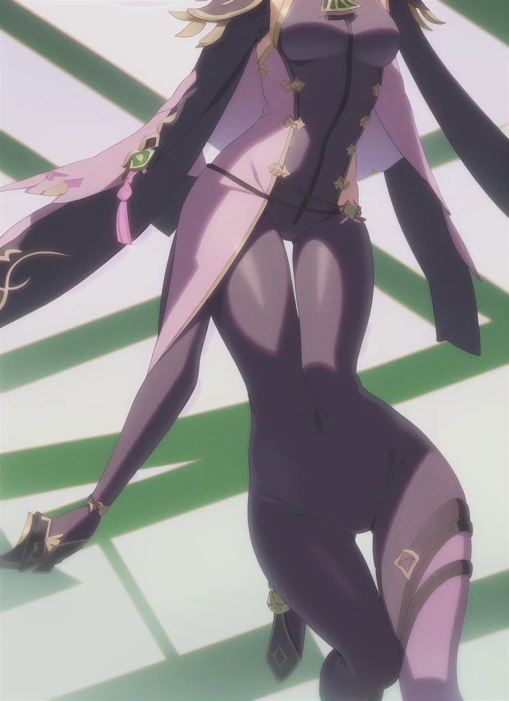 
create a full-body female Genshin Impact character, with medium hair down to the waist in pink, skin fair, green eyes mixed with purple, her clothes at the top are a dark green bodysuit along with a semi-decorated dress in green and white.