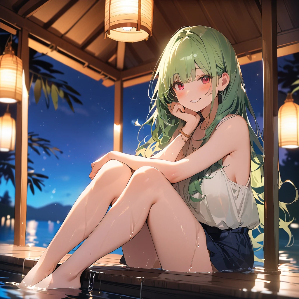 vibrant colors, female, masterpiece, sharp focus, best quality, depth of field, cinematic lighting, a woman sitting in a wooden gazebo with long green hair, 1girl, solo, night, long hair, sitting, sky, water, red eyes, looking at viewer, green hair, barefoot, night sky, smile, bangs, outdoors, blush, soaking feet, green hair, blue eyes, long hair, casual wear, luke, sitting, feet in water, smiling, night sky, scenery,