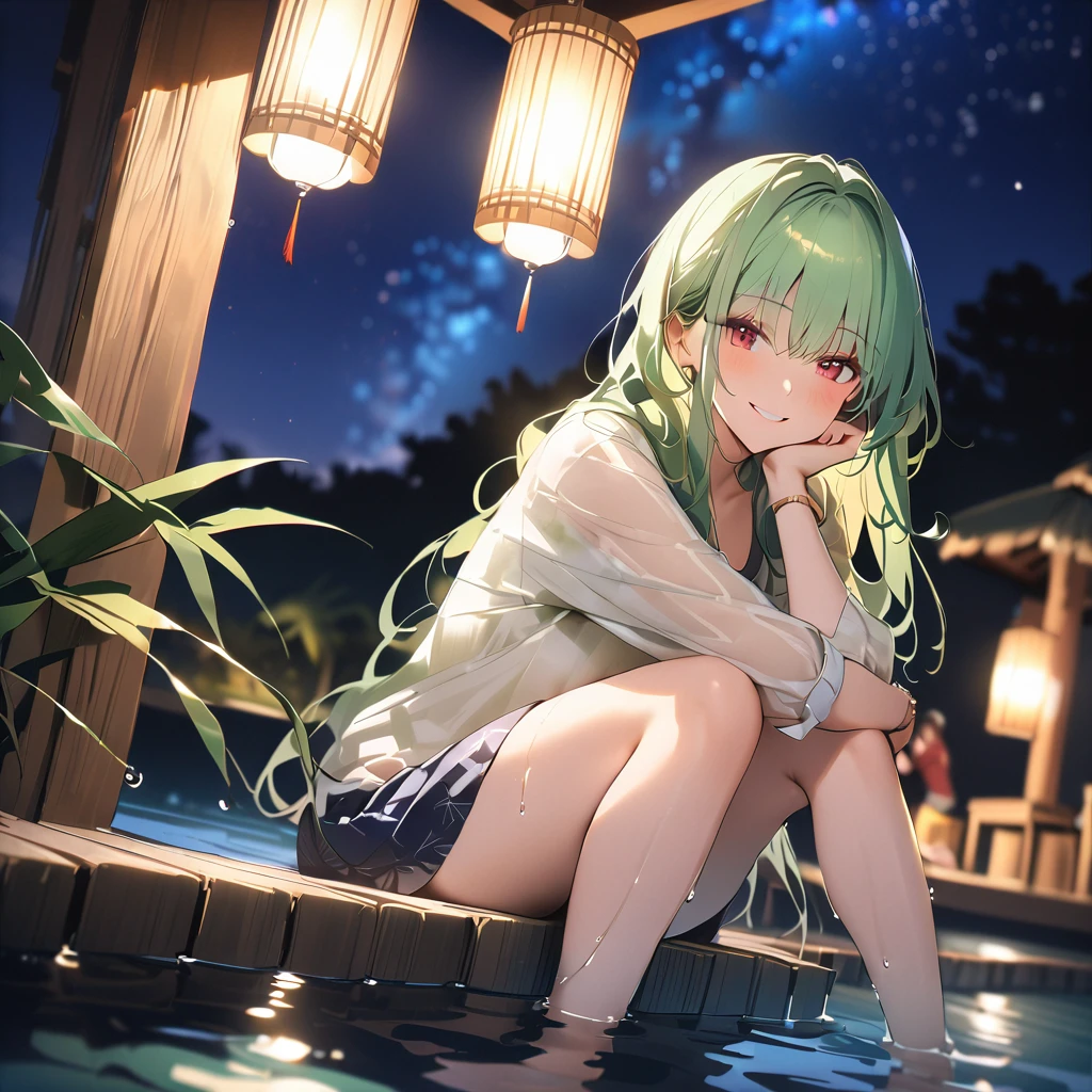 vibrant colors, female, masterpiece, sharp focus, best quality, depth of field, cinematic lighting, a woman sitting in a wooden gazebo with long green hair, 1girl, solo, night, long hair, sitting, sky, water, red eyes, looking at viewer, green hair, barefoot, night sky, smile, bangs, outdoors, blush, soaking feet, green hair, blue eyes, long hair, casual wear, luke, sitting, feet in water, smiling, night sky, scenery, 