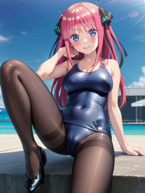 masterpiece, best quality, insanely detailed, beautiful, nino nakano, one-piece swimsuit, breasts, pantyhose, blush, smile, legs spread