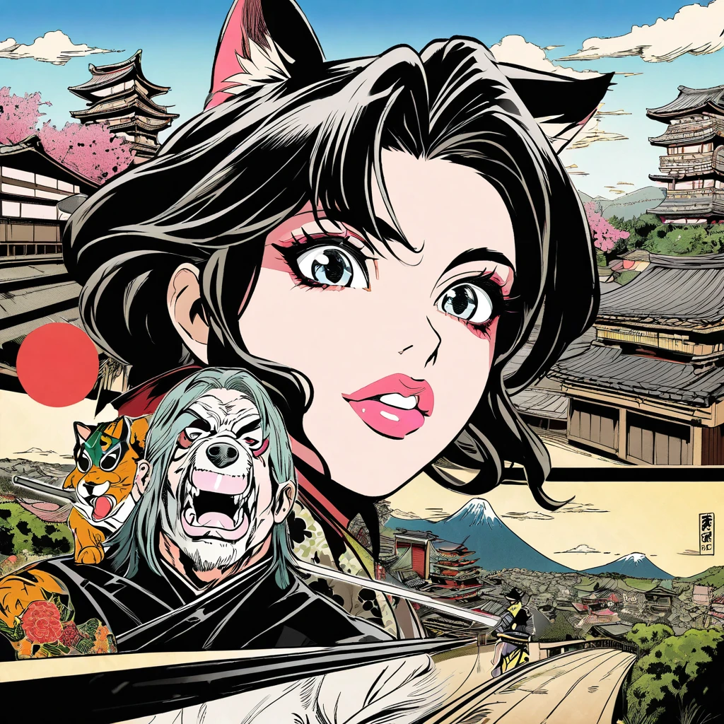 arte em tinta fina, comic style, portrait of japan, and cat ninja and Samurai dog terrier, Glamour de Osaka, bela arte de linha, comic style, manga style, manga art style, pencil and ink caricature drawing, coloring, , other positions, corpo inteiro. Japan Background, Samurai dog terrier and cat ninja, desenho colorido. Old japan sity in background