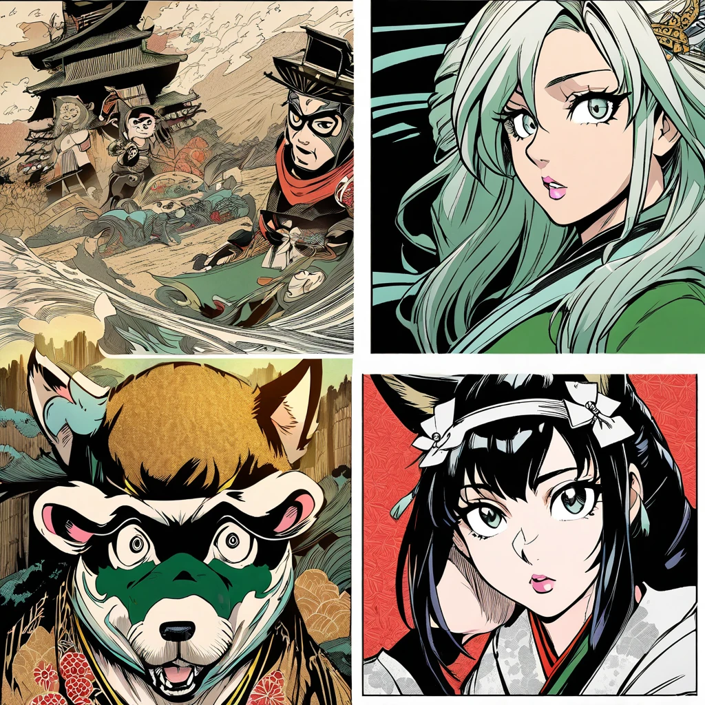 arte em tinta fina, comic style, portrait of japan, and cat ninja and Samurai dog terrier, Glamour de Osaka, bela arte de linha, comic style, manga style, manga art style, pencil and ink caricature drawing, coloring, , other positions, corpo inteiro. Japan Background, Samurai dog terrier and cat ninja, desenho colorido. Old japan sity in background