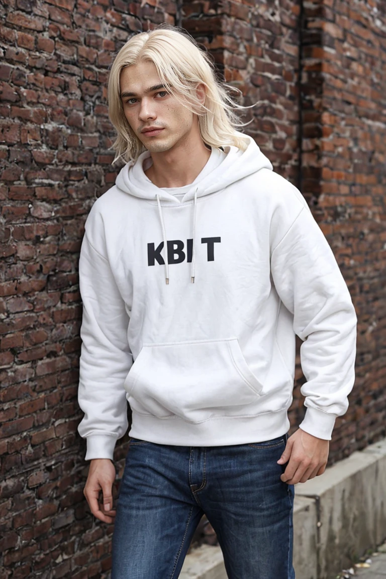 young boy, long white hair, Eyes red, wearing a white sweatshirt, wearing black jeans, 20 years old, with a calm face.