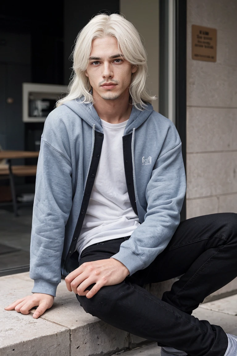 young boy, long white hair, Eyes red, wearing a white sweatshirt, wearing black jeans, 20 years old, with a calm face.