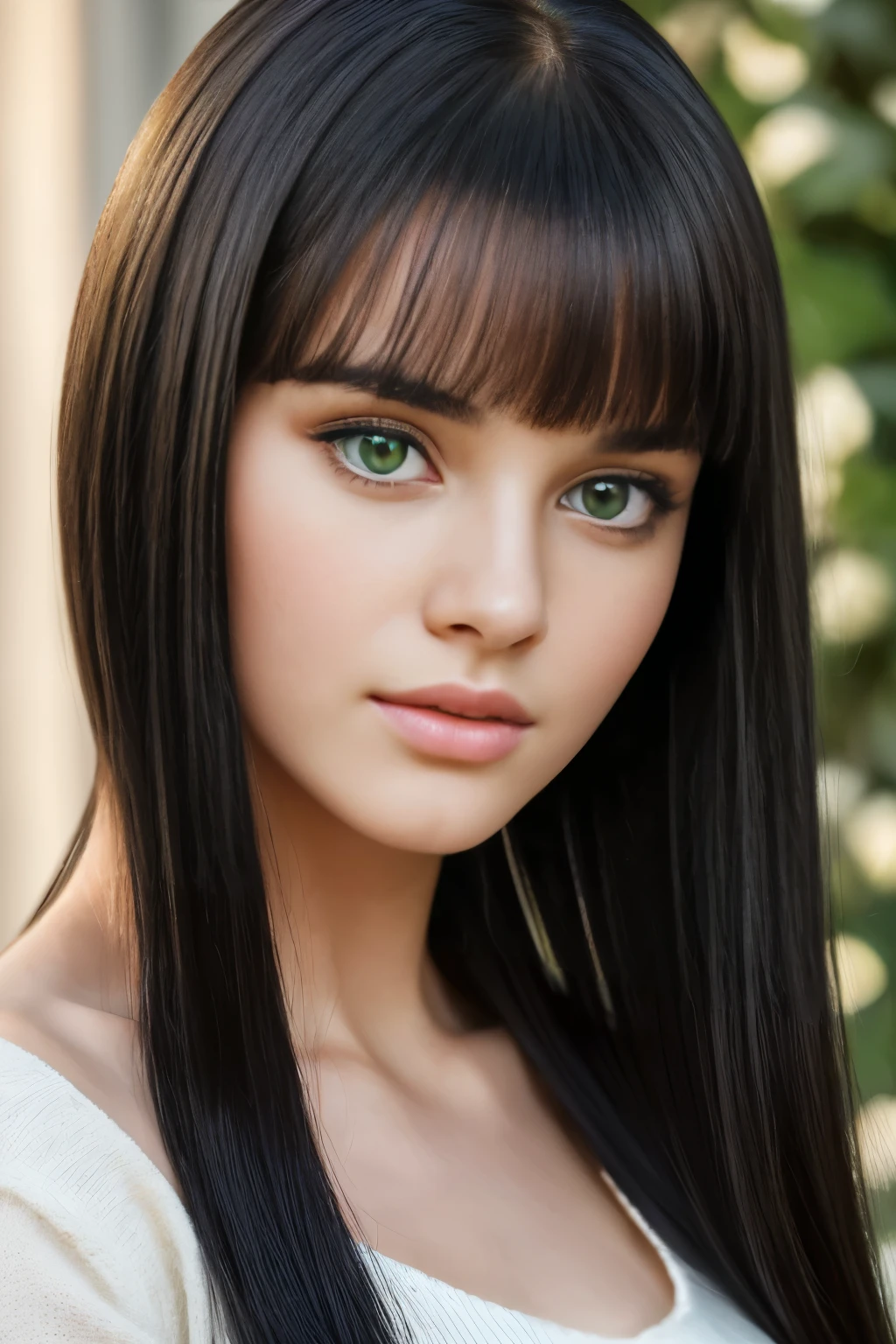 (best quality,4k,highres,ultra-detailed,realistic:1.2),portrait,beautiful -yeld giwith fair skin, stunning green eyes, extremely long and sleek black hair with a dense fringe. Her face is sweet, charming, and innocent. She has full and sensual lips, big , full pose, front open woolen top, bid butt.