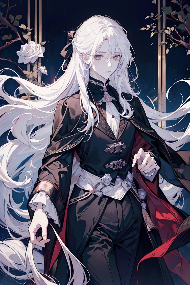 (best quality) (1 male), adult 25 years, ((long rose opal hair)), long disheveled hair, (eyes is completely black, the white of the eye is black), pale skin, thorny vines entwine the hair, gentle delicate facial features, aristocrat's clothes, black cloak covers his head, half-body
