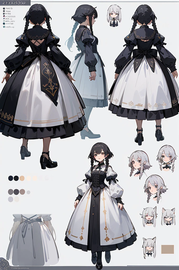 (masterpiece, best quality), ((character design sheet, same character, 2 different views, front and back)), ((full body)), reference, drawing reference, character reference, ((vtuber design)), very detailed body, intricate outfit, twin braids, messy hair, black hair, gothic Lolita dress, ornate dress, wolf girl, mischievous smile, spiked collar