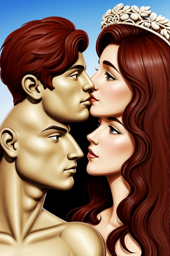 A cartoon of a Greek goddess with short red hair next to a gentleman whose skin tone is dark and the girl is white and they are kissing