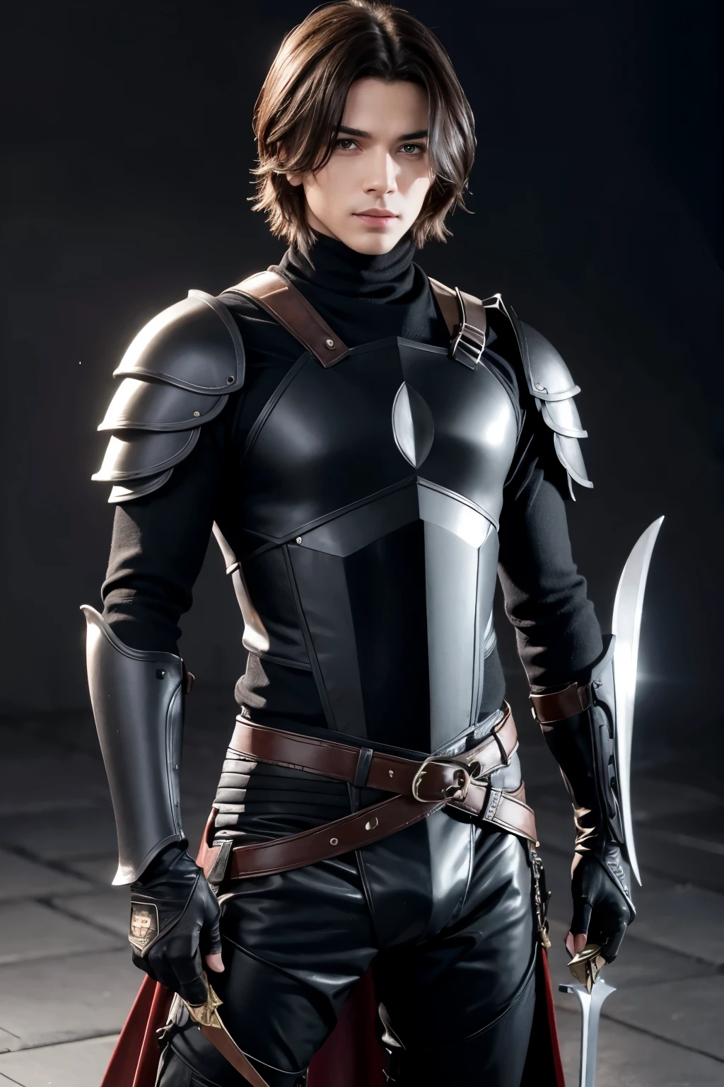 male rogue  two swords light black armor

