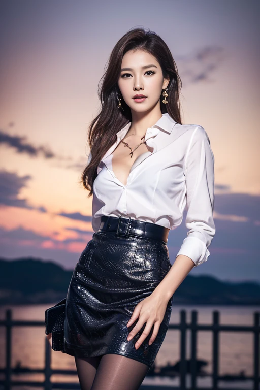 (Highest quality、Ultra-high resolution、masterpiece、8K)、(Delicate face、Detailed eyes and face、Watery eyes、double eyelid、Glossy lips), 1 girl 、(Above the knee shot)、Very beautiful woman、Slender、Slim Big、Sharp long legs、Alluring and sexy、(Random color collared shirt、Random color patterned skirt),(silk pantyhose),(High heels)、Cleavage、Perfect Anatomy、Anatomically correct、High-definition skin texture、night、Wind、Starry Sky、moon、Professional Lighting