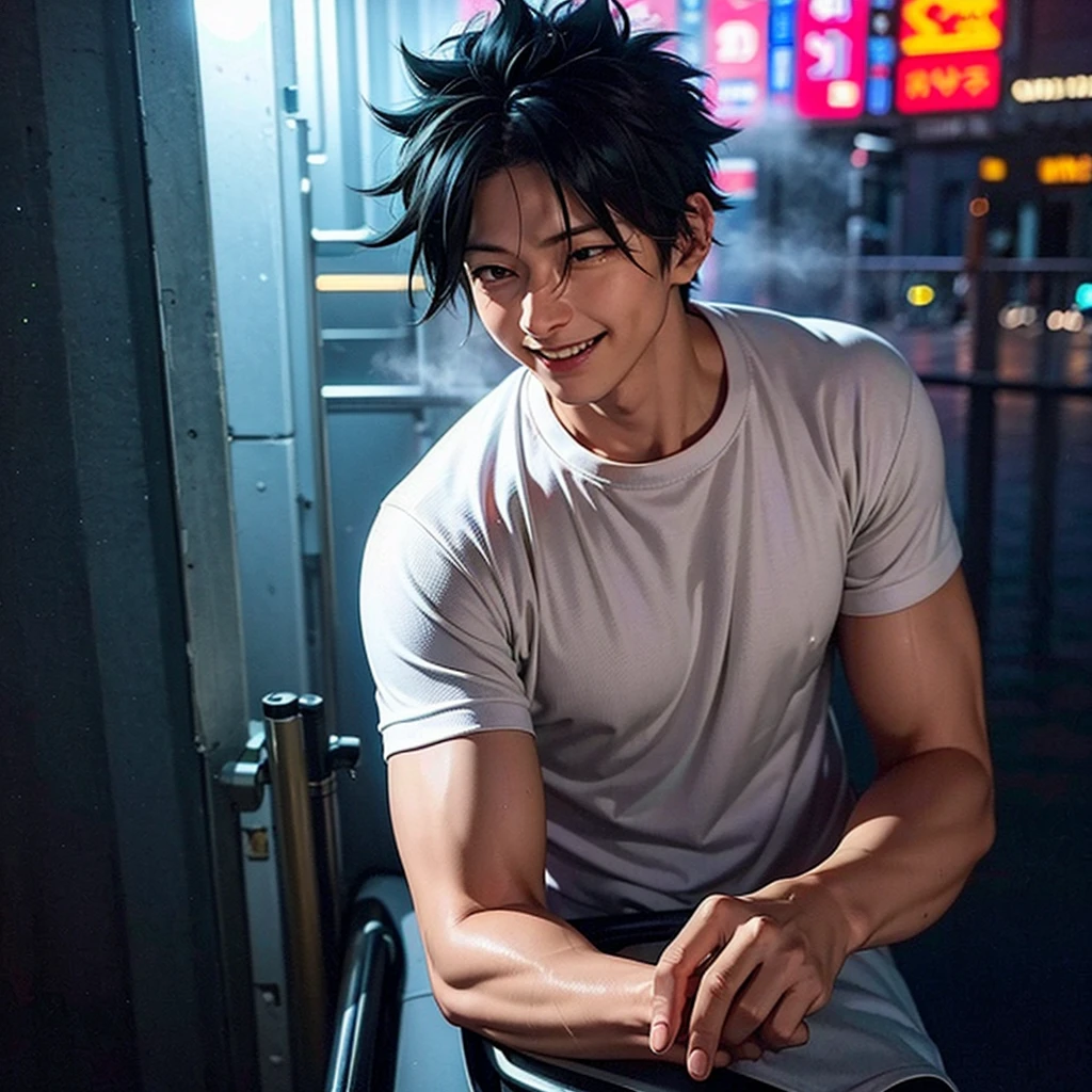 Dabi de My hero academia, Boy falling headlong off a building at night, while smoking a cigarette, with neon lights in the background, a sexy smile, letting smoke come out of his mouth