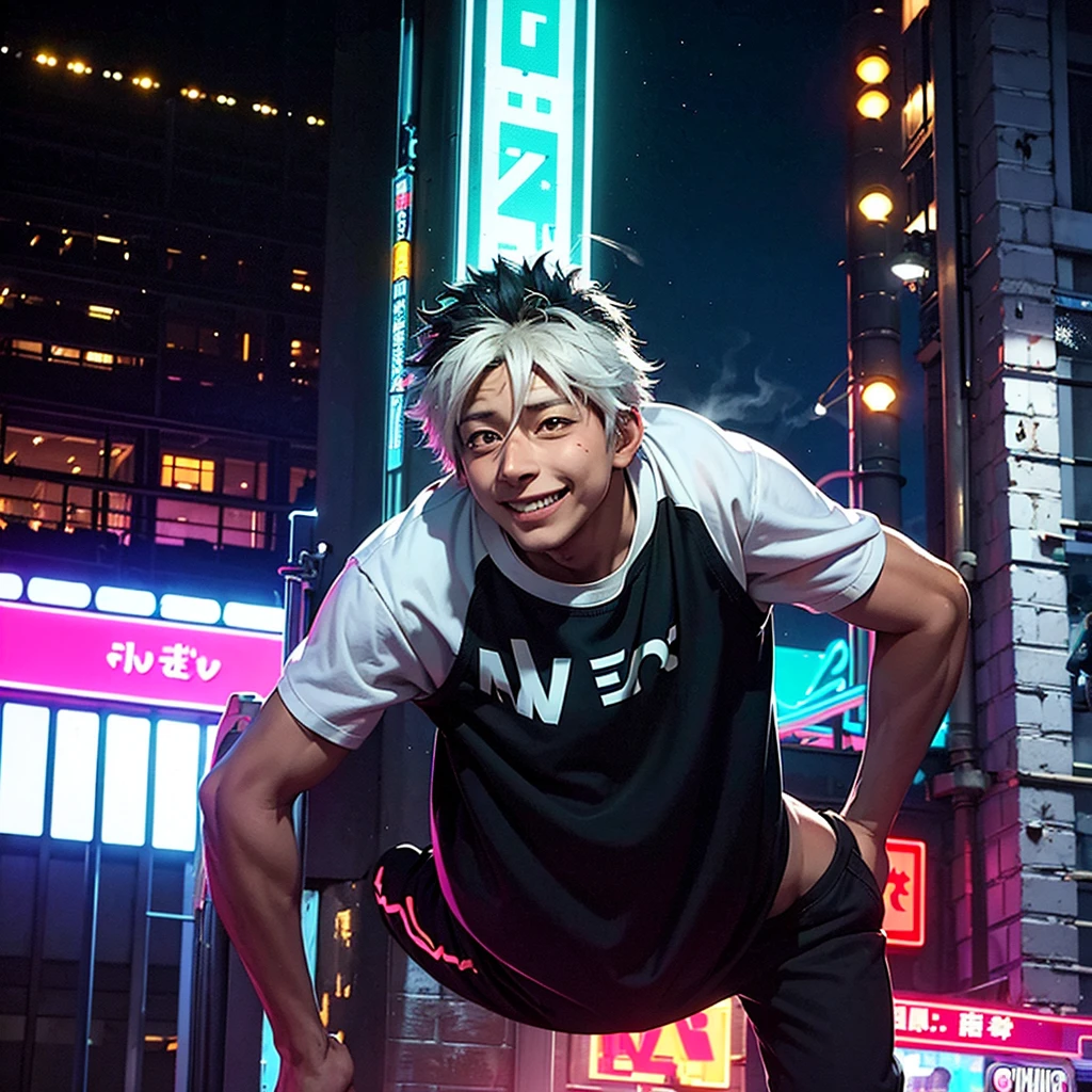 Dabi de My hero academia, Boy falling headlong off a building at night, while smoking a cigarette, with neon lights in the background, a sexy smile, letting smoke come out of his mouth