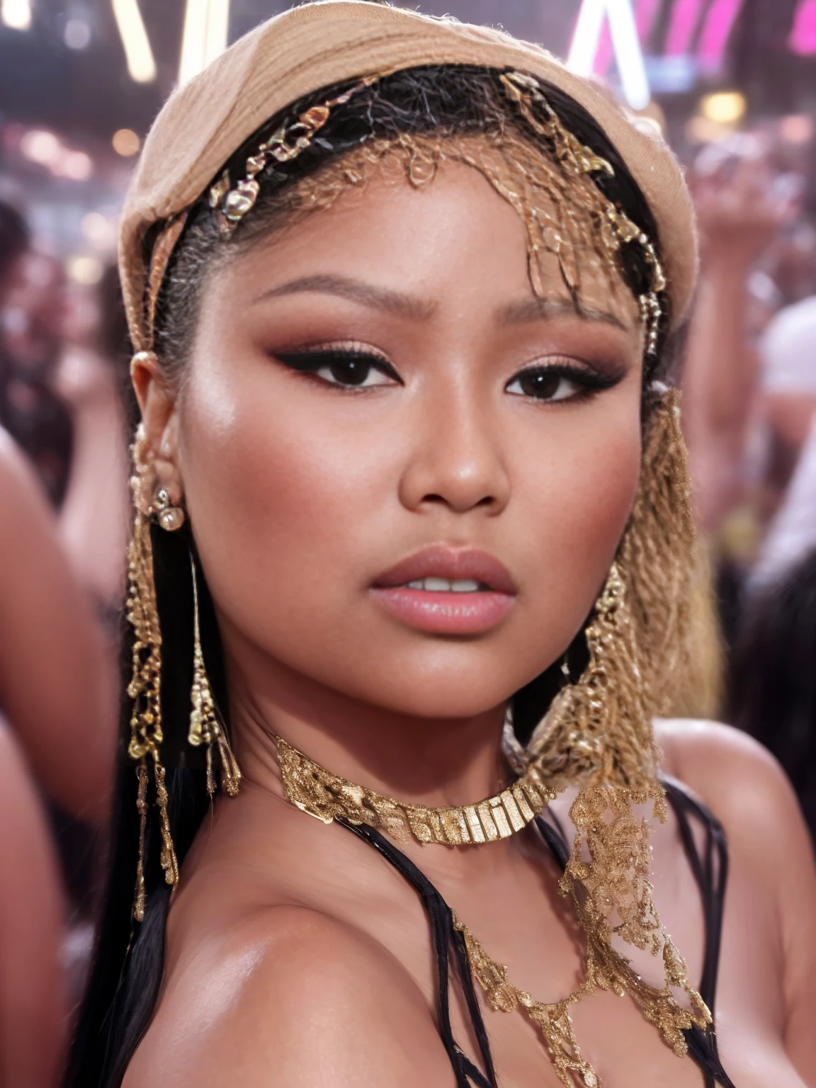 ((THE GIRL IS NICKI MINAJ 1.5)), ((NSFW 1.3, PORN 1.3, NAKED 1.3, EXPOSED VAGINA 1.2, EXPOSED BREASTS 1.2)), ((Nicki Minaj is a famous rapper 1.2, wearing lots of bling 1.2 1.2, wearing lots of jewelry 1.2, holding lots of dollar bills 1.2, wearing gold chain necklace 1.2, wearing a designer cap full of jewels 1.2)), ((FULL BODY SHOT 1.3)), ((20 year old girl 1.2, naughty seductive smile 1.2)), ((beautiful light brown woman 1.2, short shoulder length hair 1.2, short and curvy girl 1.2, very curvy body 1.2, voluptuous 1.2)), ((big breasts 1.2, very wide hips 1.2, curvy figure 1.2, extremely alluring figure 1.2)), ((perfect cleavage 1.2, perfect ass 1.2, perfect feminine body 1.2, perfect curvy proportions 1.2)), (masterpiece, best quality:1.2), 1girl, solo, (best quality,4k,8k,high resolution,masterpiece:1.2), realistic (1.37) girl, ((hyper realistic 1.2)), ((highly detailed face 1.2, Detailed facial features 1.2)), ((showing her ass to the viewer 1.2, dynamic action pose 1.2))), ((club 1.2, dance floor in a night club 1.2, disco lights 1.2, surrounded by dancing people 1.2))