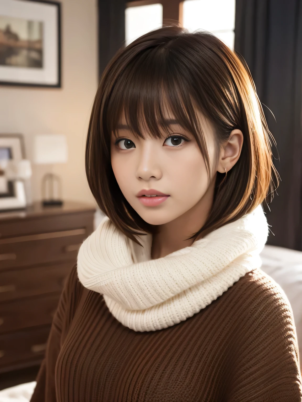 low light:1.3, Midnight, (Dark bedroom scene featuring a beautiful woman), darkness, shadow, Ultra High Definition, Superior Quality, Premier Quality, ultra detailed, Photorealistic, 8k, RAW Photos, highest quality, masterpiece, Attractive girl, Stunning girl, Brown Hair, Shoulder Length Layered, asymmetrical bangs, K-pop Idol, Sophisticated, Stylish, white knit, 