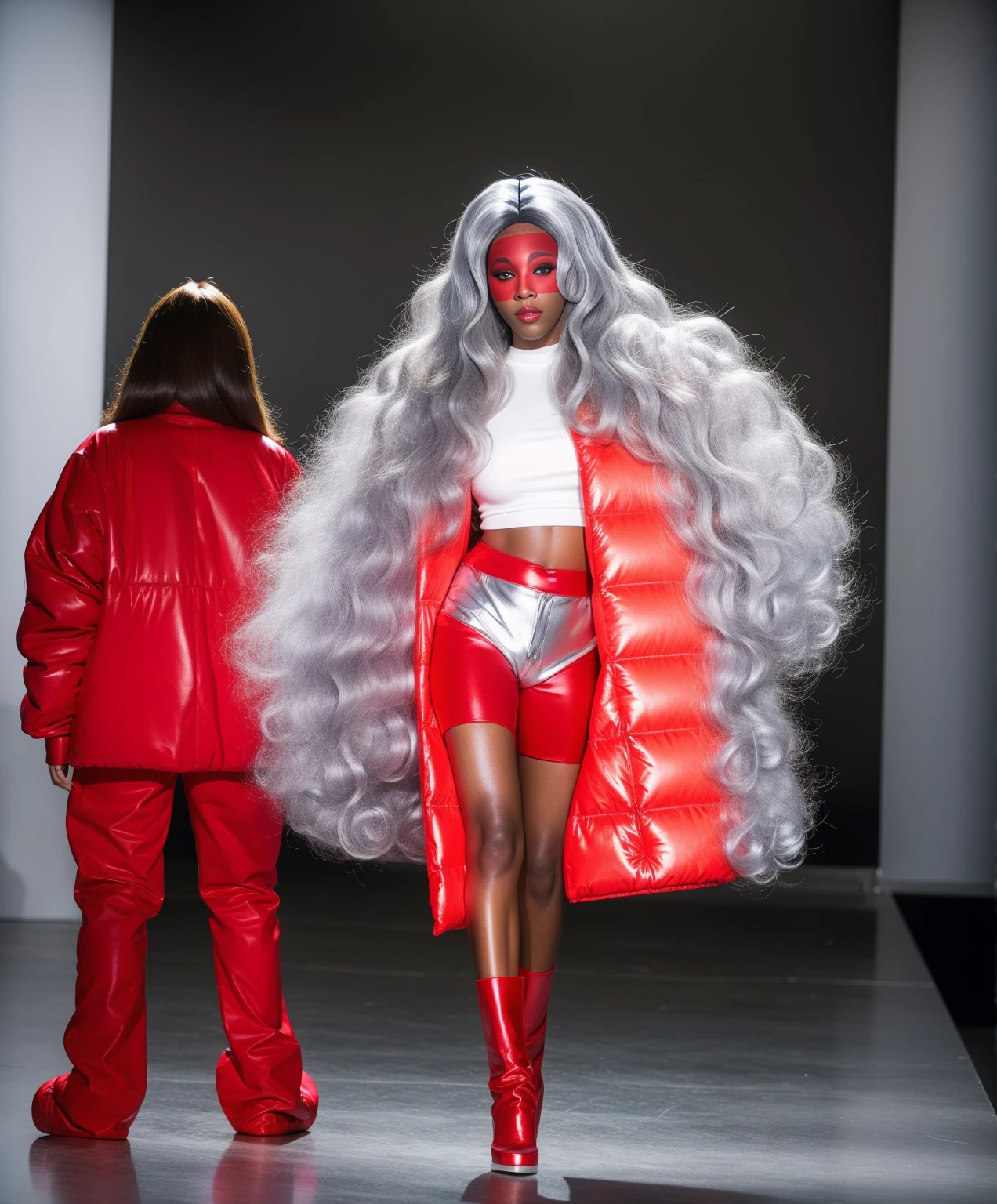 drag queen wearing a red puffy jacket to the knee disproportional wig giant silver wig full body shot fascinator shiny jewelry makeup white back backdrop contemporary unusual design
