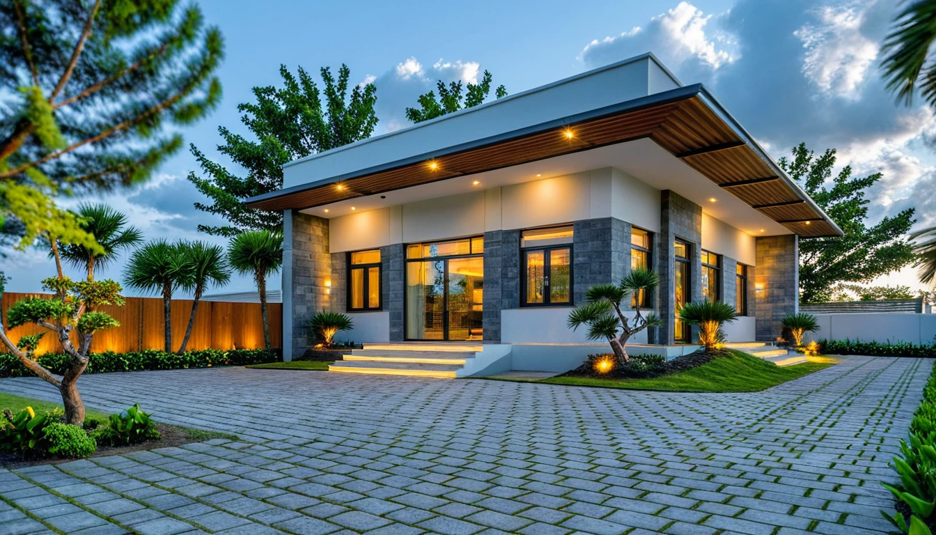 Masterpiece, high quality, best quality, authentic, super detail, outdoors, onestoreyvillaXL, aiaigroup, house style modern on the street ,stairs, white wall ,road,pavement, grass, trees, sky, cloud, (nightlight:1.1)