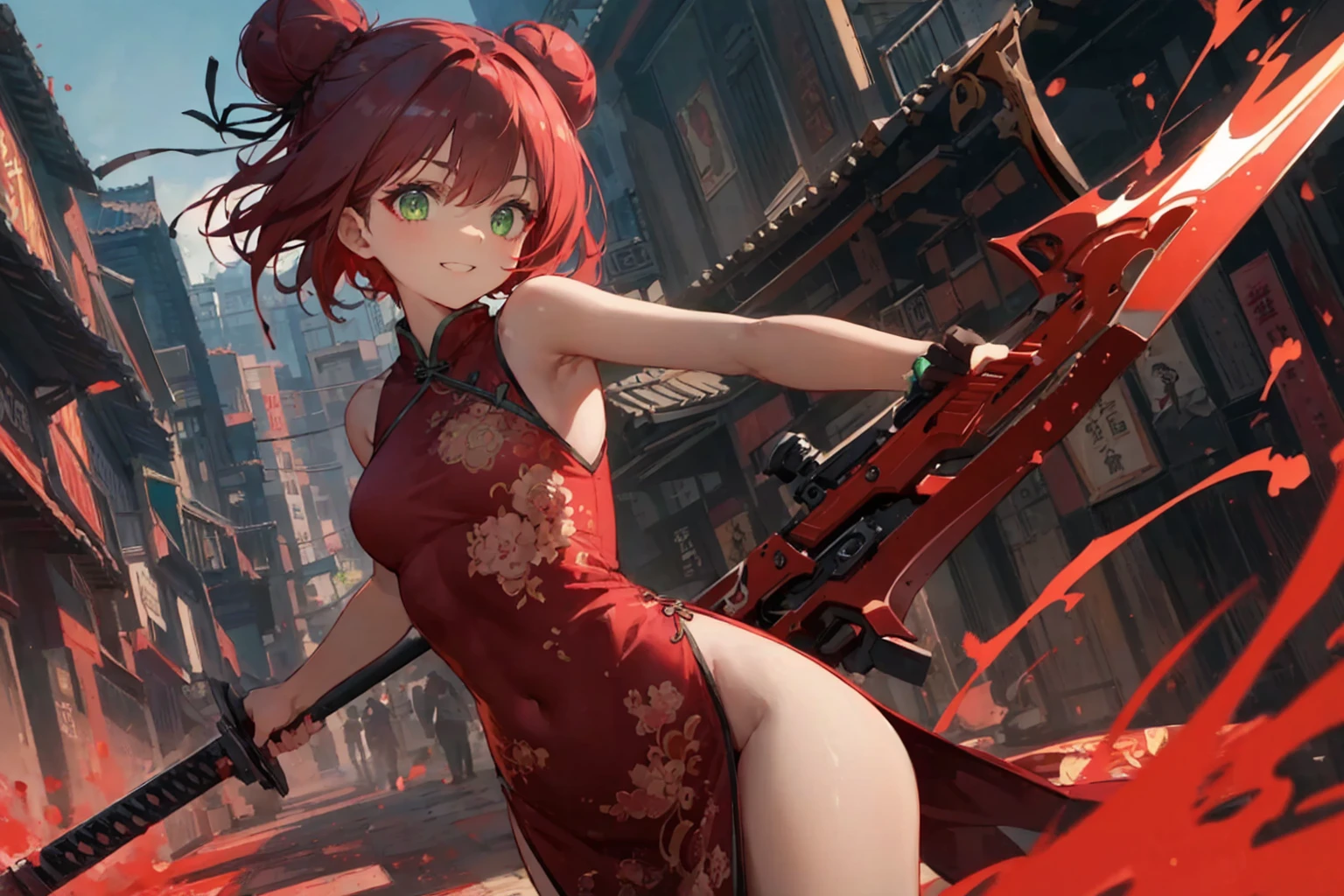 girl, burgundy short hair, Bun Hair、((lime green eyes)), big eyes,droopy eyes,slender body,China dress、Chinese-style cityscape、Dynamic、Fearless smile、Chinese style weapons、Blood splatter、red theme